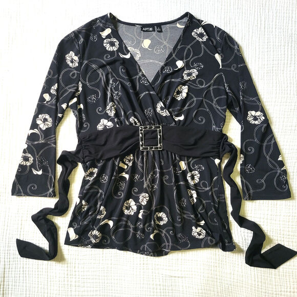 Y2K Apt. 9 Womens M Black Floral Wrap Top V Neck Blouse Waist Tie Boho Long - Picture 1 of 5